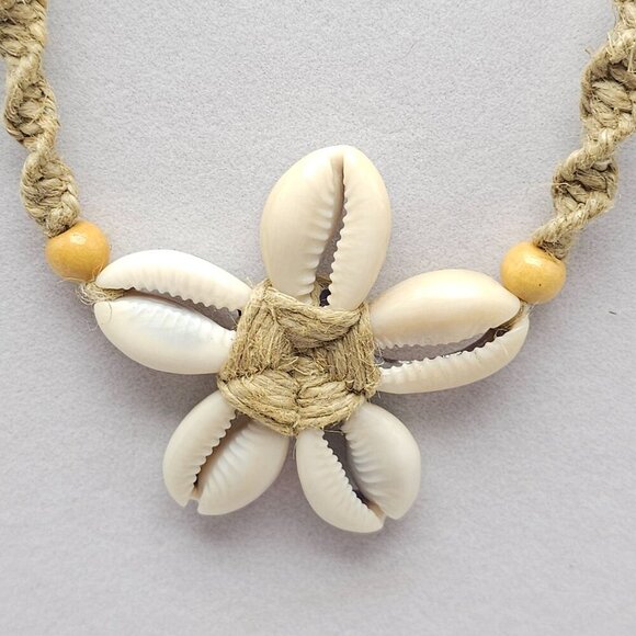Bohemian Cowrie Shell Necklace With Braided Cord Wood Beads Vintage - Picture 2 of 6